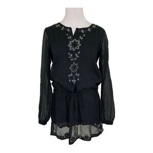 Anthropologie Antik Batik Beaded Tunic Top Coverup Tie Waist Size S Semi Sheer